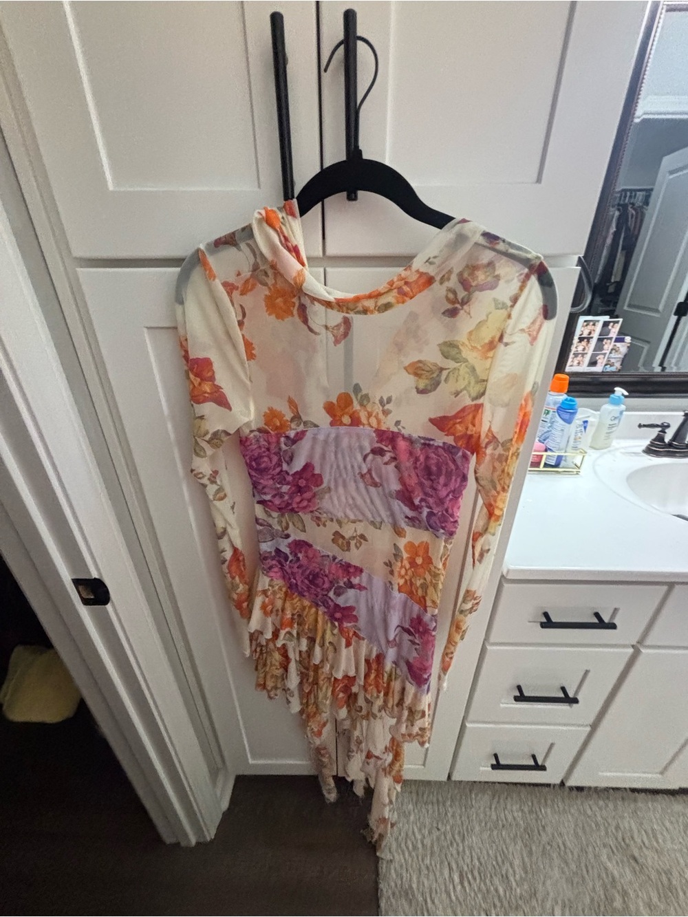 Free People Cream Floral Asymmetrical Dress with Orange and Purple Accents